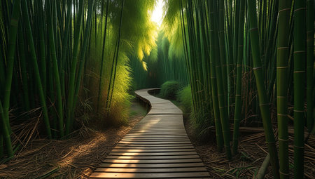 Bamboo forest with a wooden pathway in the middle. 3D renderingの素材