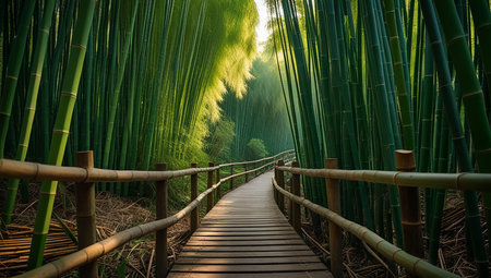 Wooden walkway in the bamboo forest at Arashiyama Kyoto Japanの素材