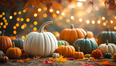 Halloween pumpkins and autumn leaves on rustic background with bokehの素材