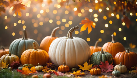 Autumn composition with pumpkins, leaves and bokeh lightsの素材