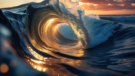 Surfing ocean wave at sunset. 3d render illustration with copy spaceの素材