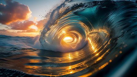 Surfing ocean wave at sunset. Close up of surf wave at sunset.の素材