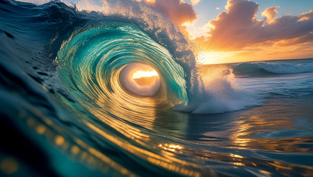 Ocean wave at sunset. Breaking wave with motion effect. Blue and green colors.の素材
