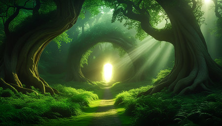 Mystical dark forest with light rays coming through the tree tunnelの素材