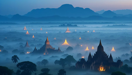 Panoramic view of Bagan pagodas at sunrise, Myanmarの素材