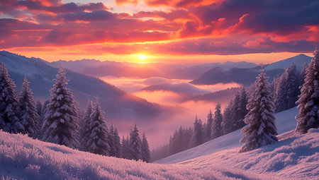 Fantastic winter landscape glowing by sunlight. Dramatic wintry scene. Carpathian, Ukraine, Europe. Beauty world.の素材