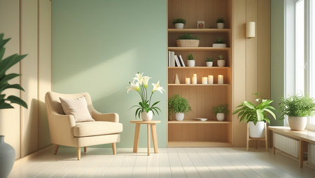 Interior of modern living room with armchair, bookshelf and plants - 3d renderingの素材