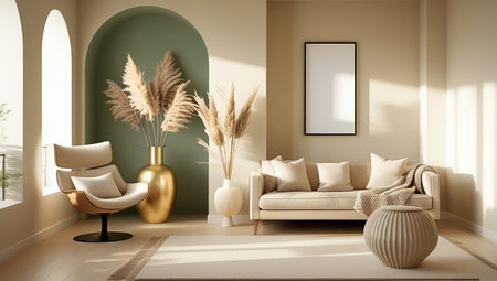 Interior of modern living room with white sofa, armchair and plant in vase, 3d renderの素材