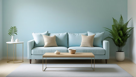 Interior of modern living room with blue sofa, coffee table and plant. 3D renderingの素材