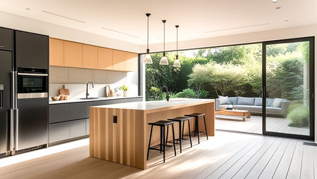 3d rendering of a modern kitchen in a house with a beautiful designの素材