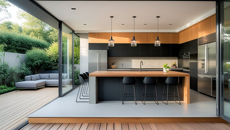 3d rendering of a modern kitchen in a house with a gardenの素材