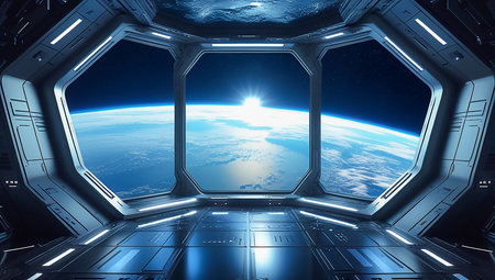 Dark blue spaceship interior with view on planet Earth 3D rendering elements of this image furnished by NASAの素材
