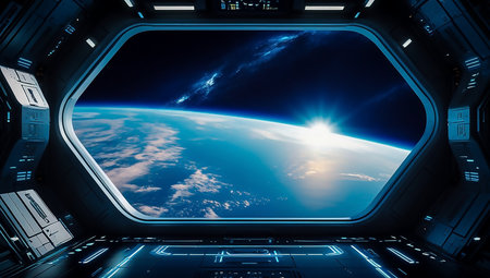 Window view of space and planet Earth from space station. 3D renderingの素材