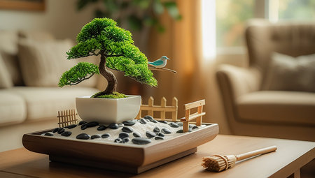 Bonsai tree in ceramic pot on wooden table in living roomの素材