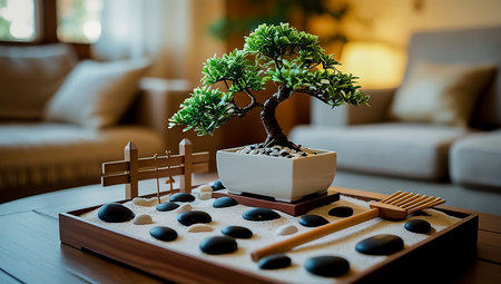 Bonsai tree on wooden table in living room at home.の素材
