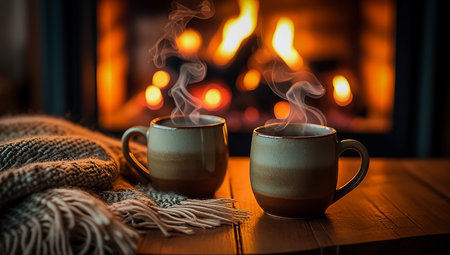 Two cups of hot drink on wooden table in front of fireplace.の素材