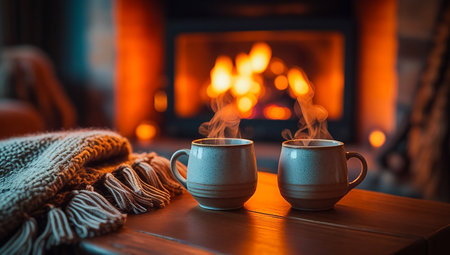Two cups of hot drink on a wooden table in front of a fireplace.の素材
