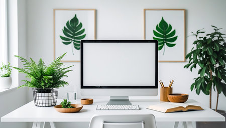 Modern workspace with blank computer monitor, supplies and tropical leaves. Mock up, 3D Renderingの素材