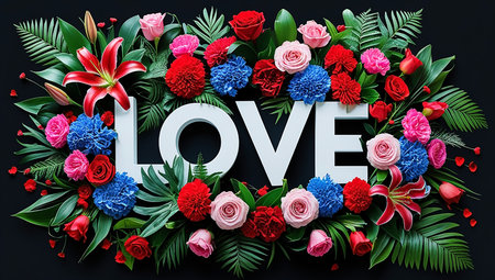 Valentine's day background with love lettering, flowers and leavesの素材