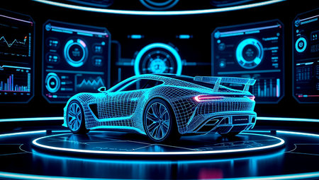 3D rendering of a sports car in a futuristic space with HUDの素材
