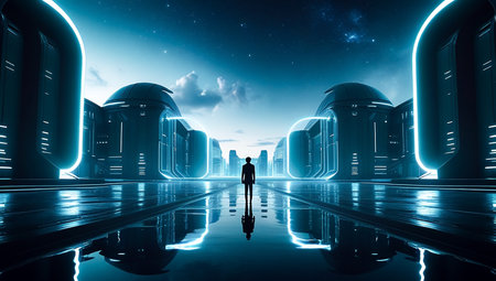 Businessman looking at futuristic server room. Future concept. 3D Renderingの素材