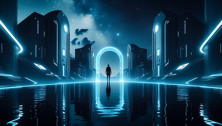 3d rendering of man standing in front of a futuristic portal.の素材