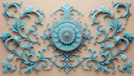3D render of decorative floral ornament in blue and beige colorsの素材