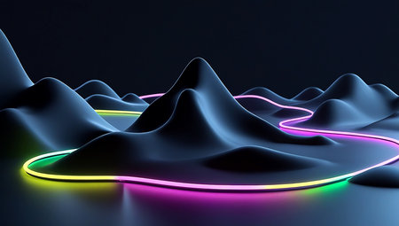 3d render of abstract background with neon lights in the form of mountainsの素材