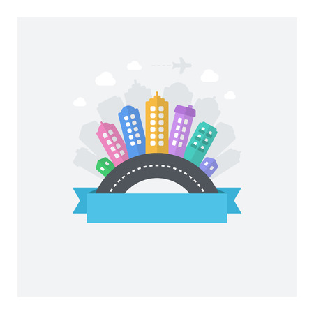 Vector design of modern cityscape with text area. Illustration with modern flat icons: road, buildings, sky.のイラスト素材
