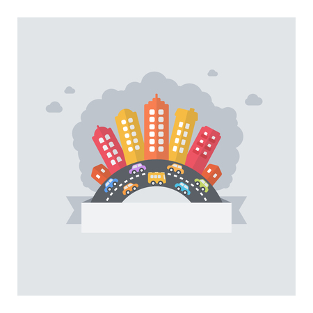 Urban city pollution. Vector design of modern cityscape polluted with textarea and busy streets.のイラスト素材