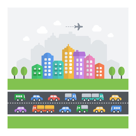 Vector illustration of chaotic cityscape. Flat modern icons of vehicles, buildings and homes.のイラスト素材