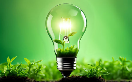 A light bulb with plants and leaves, symbolizing eco-friendliness and sustainability concept. Green innovative idea. Eco energy lightbulb symbol. Renewable clean energy. Ecological idea for environmental efficiency.の素材