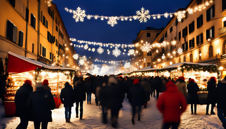 Shopping, winter holidays and people concept. Christmas market souvenir shop. Xmas street market.の素材