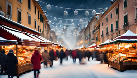 Shopping, winter holidays and people concept. Christmas market souvenir shop. Xmas street market.の素材