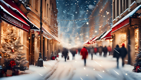 Shopping, winter holidays and people concept. Christmas market souvenir shop. Xmas street market.の素材