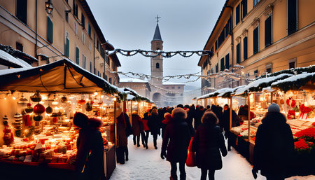 Shopping, winter holidays and people concept. Christmas market souvenir shop. Xmas street market.の素材