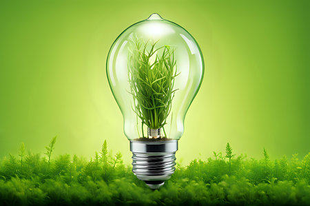 A light bulb with plants and leaves, symbolizing eco-friendliness and sustainability concept. Green innovative idea. Eco energy lightbulb symbol. Renewable clean energy. Ecological idea for environmental efficiency.の素材