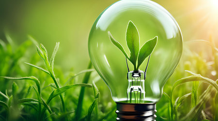 A light bulb with plants and leaves, symbolizing eco-friendliness and sustainability concept. Green innovative idea. Eco energy lightbulb symbol. Renewable clean energy. Ecological idea for environmental efficiency.の素材