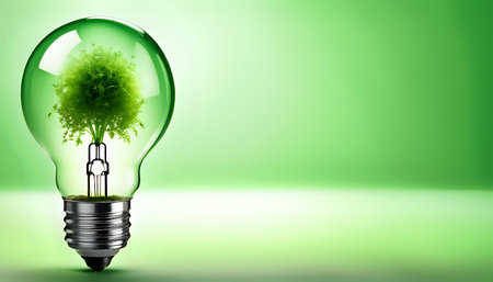 A light bulb with plants and leaves, symbolizing eco-friendliness and sustainability concept. Green innovative idea. Eco energy lightbulb symbol. Renewable clean energy. Ecological idea for environmental efficiency.の素材