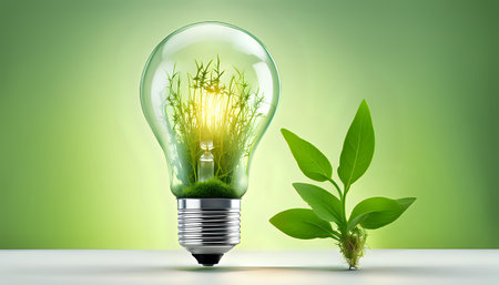 A light bulb with plants and leaves, symbolizing eco-friendliness and sustainability concept. Green innovative idea. Eco energy lightbulb symbol. Renewable clean energy. Ecological idea for environmental efficiency.の素材