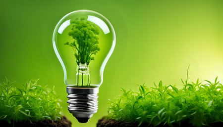 A light bulb with plants and leaves, symbolizing eco-friendliness and sustainability concept. Green innovative idea. Eco energy lightbulb symbol. Renewable clean energy. Ecological idea for environmental efficiency.の素材