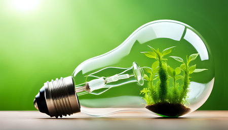 A light bulb with plants and leaves, symbolizing eco-friendliness and sustainability concept. Green innovative idea. Eco energy lightbulb symbol. Renewable clean energy. Ecological idea for environmental efficiency.の素材
