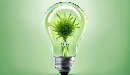 A light bulb with plants and leaves, symbolizing eco-friendliness and sustainability concept. Green innovative idea. Eco energy lightbulb symbol. Renewable clean energy. Ecological idea for environmental efficiency.の素材