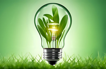 A light bulb with plants and leaves, symbolizing eco-friendliness and sustainability concept. Green innovative idea. Eco energy lightbulb symbol. Renewable clean energy. Ecological idea for environmental efficiency.の素材