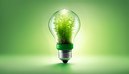 A light bulb with plants and leaves, symbolizing eco-friendliness and sustainability concept. Green innovative idea. Eco energy lightbulb symbol. Renewable clean energy. Ecological idea for environmental efficiency.の素材