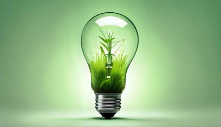 A light bulb with plants and leaves, symbolizing eco-friendliness and sustainability concept. Green innovative idea. Eco energy lightbulb symbol. Renewable clean energy. Ecological idea for environmental efficiency.の素材