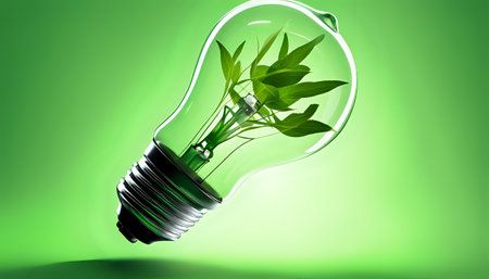 A light bulb with plants and leaves, symbolizing eco-friendliness and sustainability concept. Green innovative idea. Eco energy lightbulb symbol. Renewable clean energy. Ecological idea for environmental efficiency.の素材