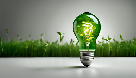 A light bulb with plants and leaves, symbolizing eco-friendliness and sustainability concept. Green innovative idea. Eco energy lightbulb symbol. Renewable clean energy. Ecological idea for environmental efficiency.の素材