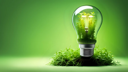 A light bulb with plants and leaves, symbolizing eco-friendliness and sustainability concept. Green innovative idea. Eco energy lightbulb symbol. Renewable clean energy. Ecological idea for environmental efficiency.の素材