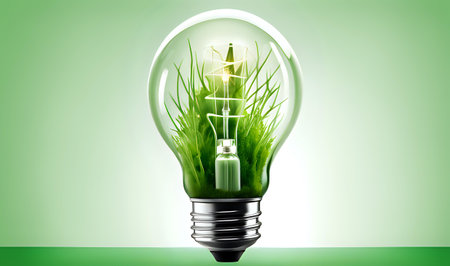 A light bulb with plants and leaves, symbolizing eco-friendliness and sustainability concept. Green innovative idea. Eco energy lightbulb symbol. Renewable clean energy. Ecological idea for environmental efficiency.の素材